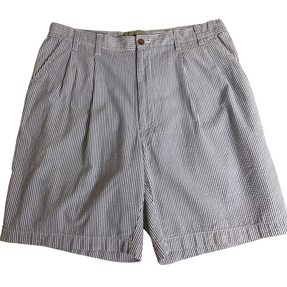 Cubavera Seersucker Shorts Mens 36 Blue White Striped Pleated Cotton Casual